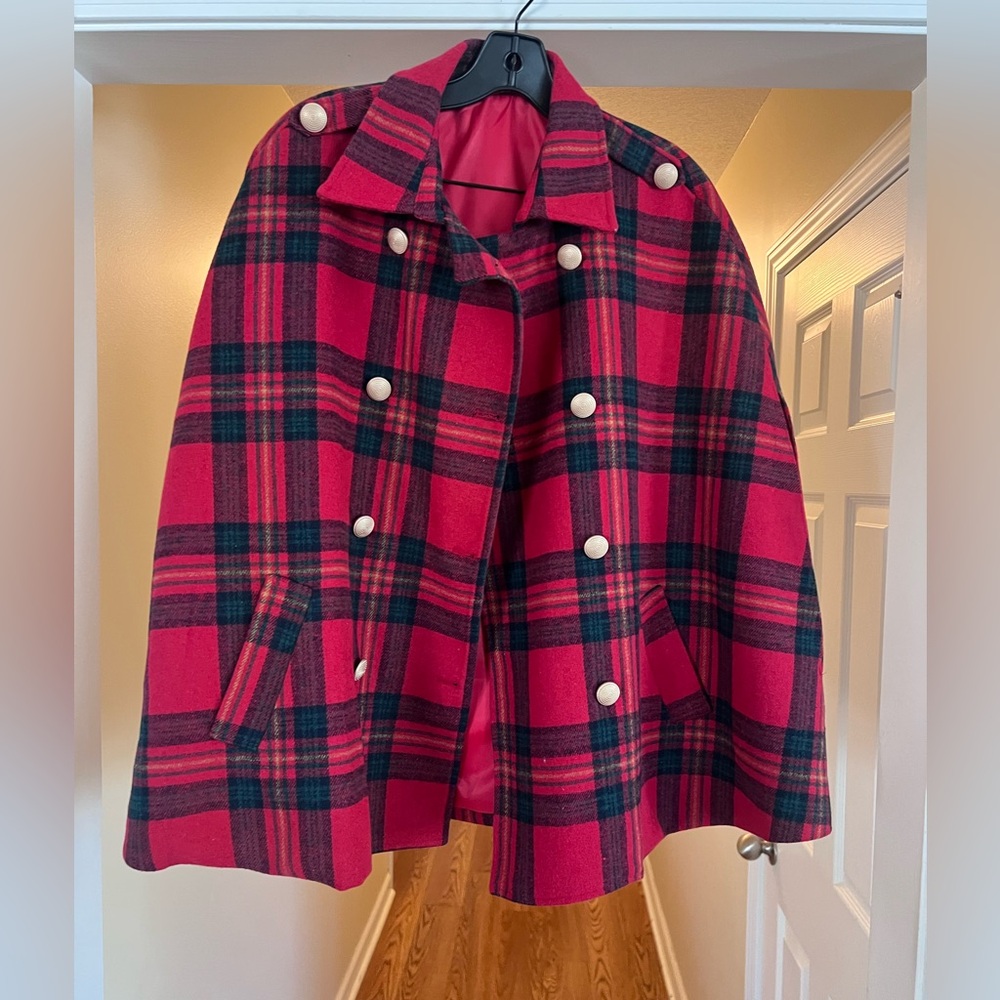 Red and Black Plaid Cape with White Buttons